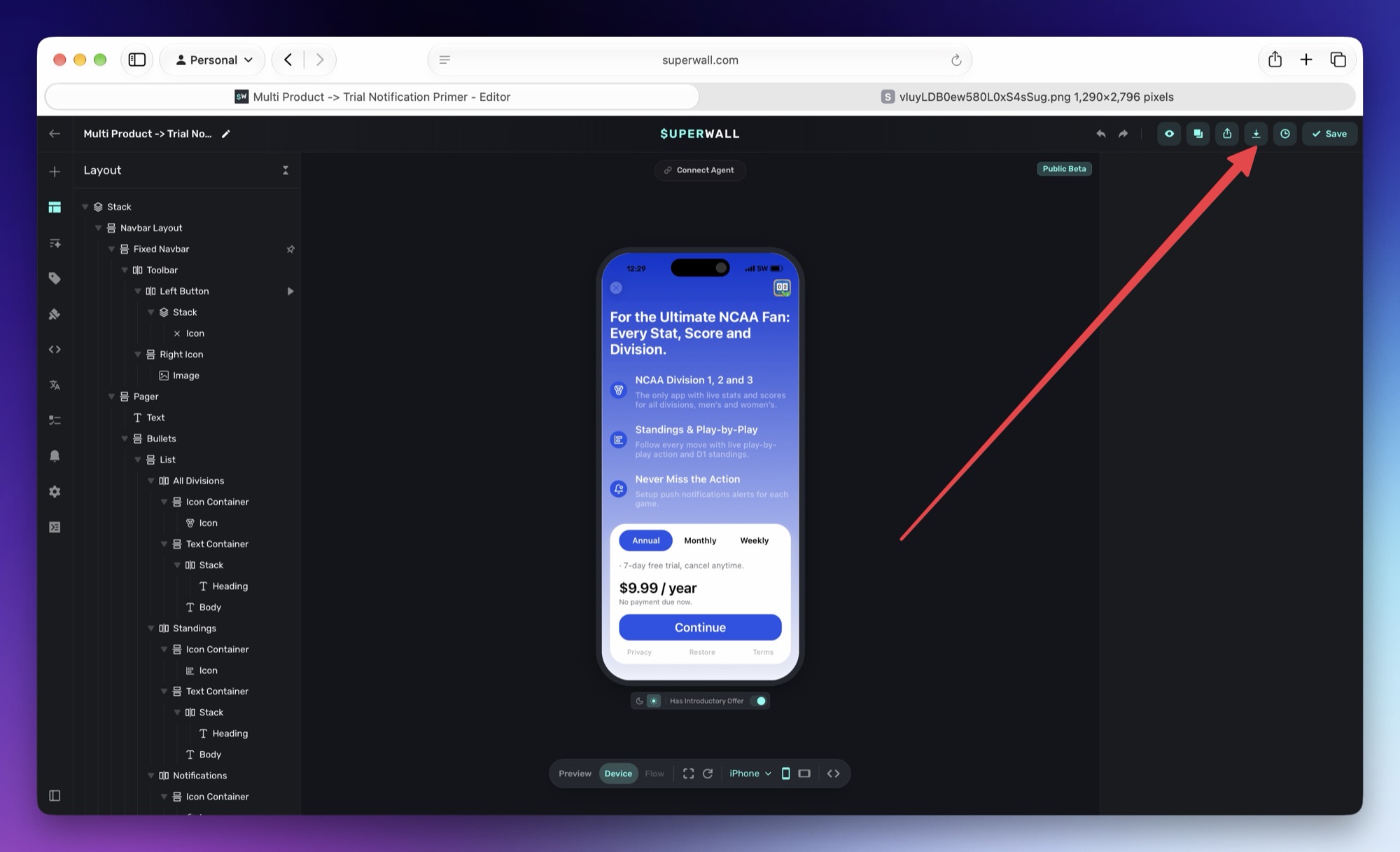 The Download App Store screenshot button in the Superwall paywall editor toolbar, next to Share