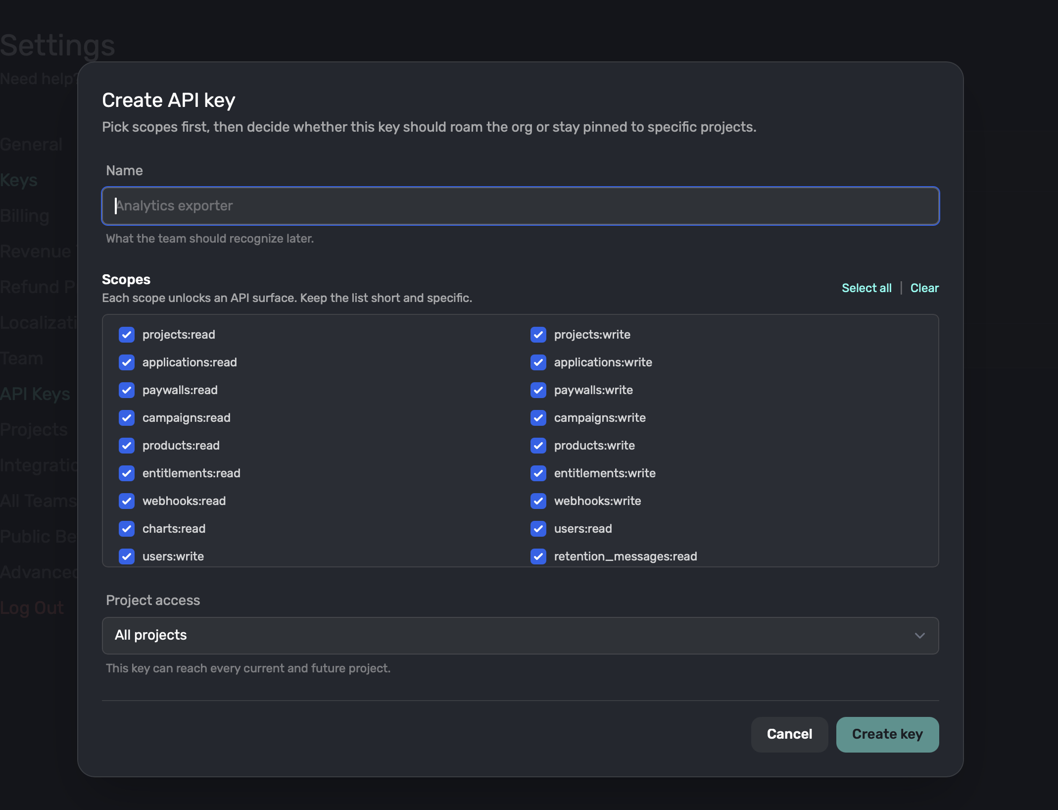 Create API key dialog showing scopes and project access