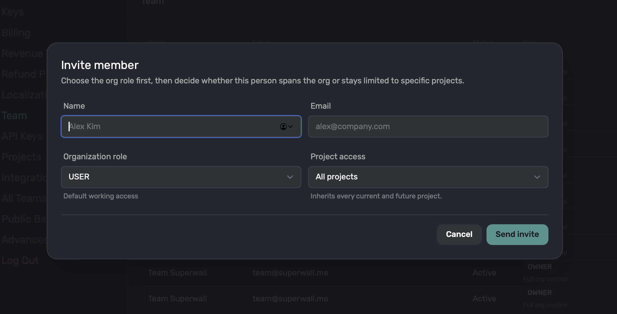Invite member dialog showing organization role and project access controls