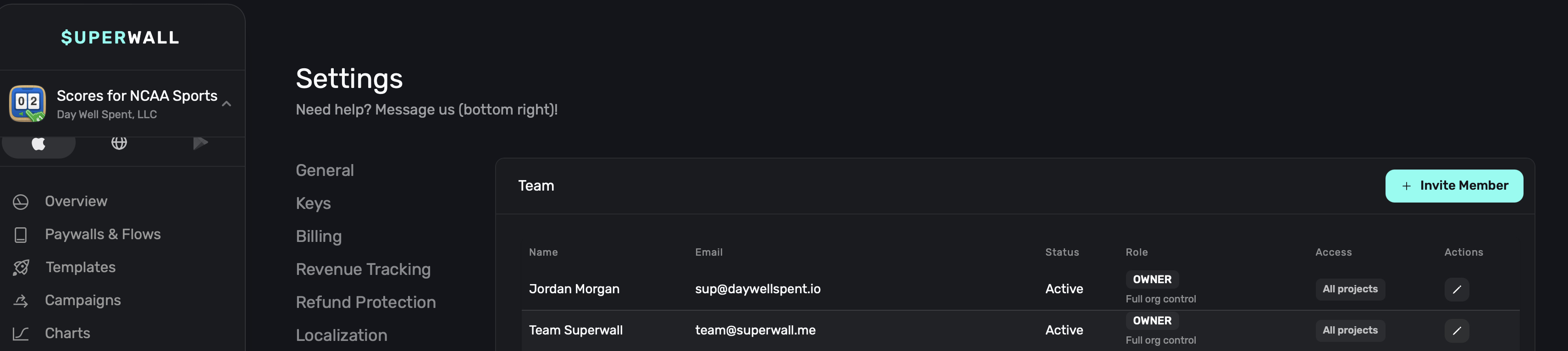 Team settings showing members, roles, and project access