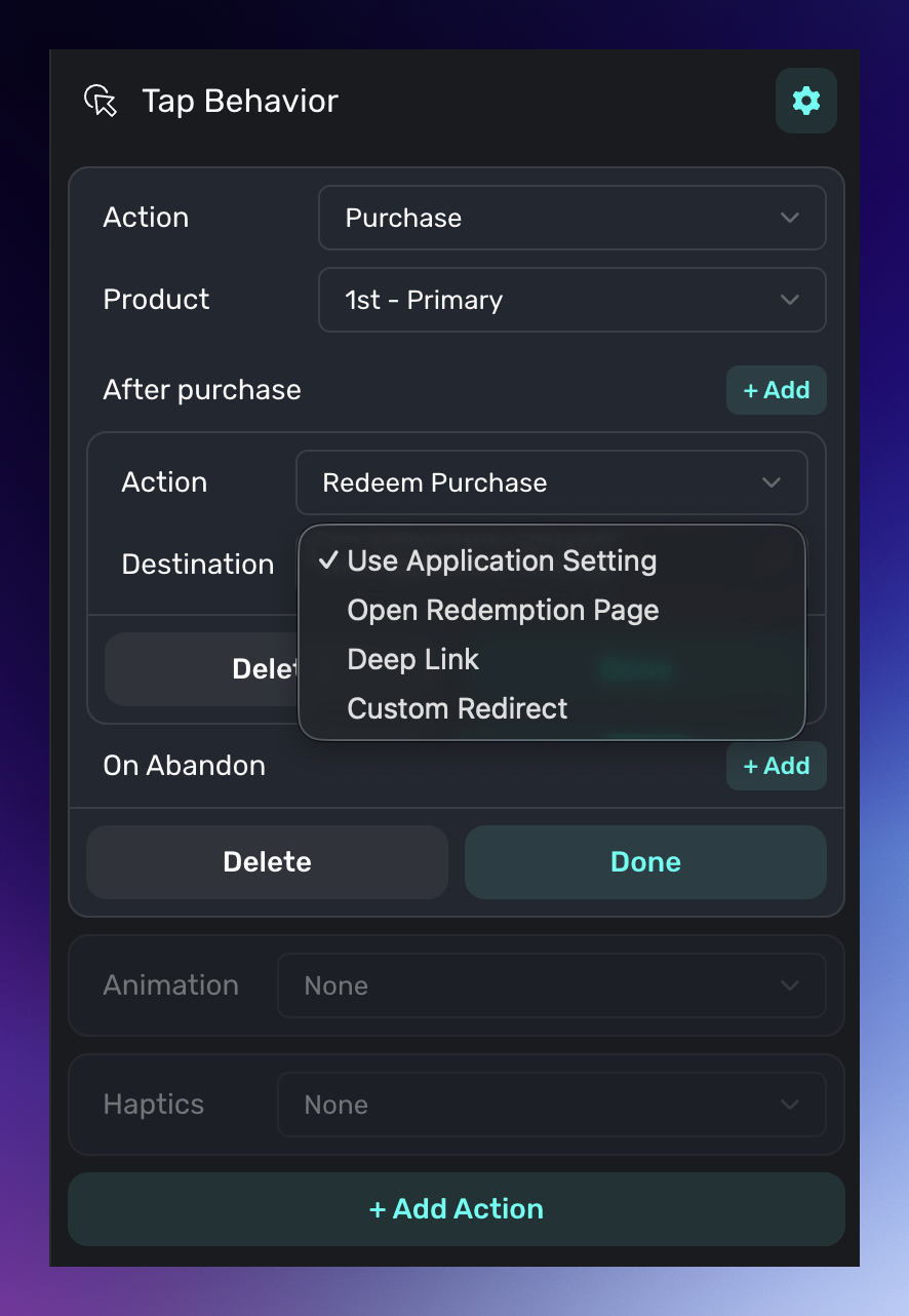 Tap Behavior menu showing Redeem Purchase in the After purchase action selector